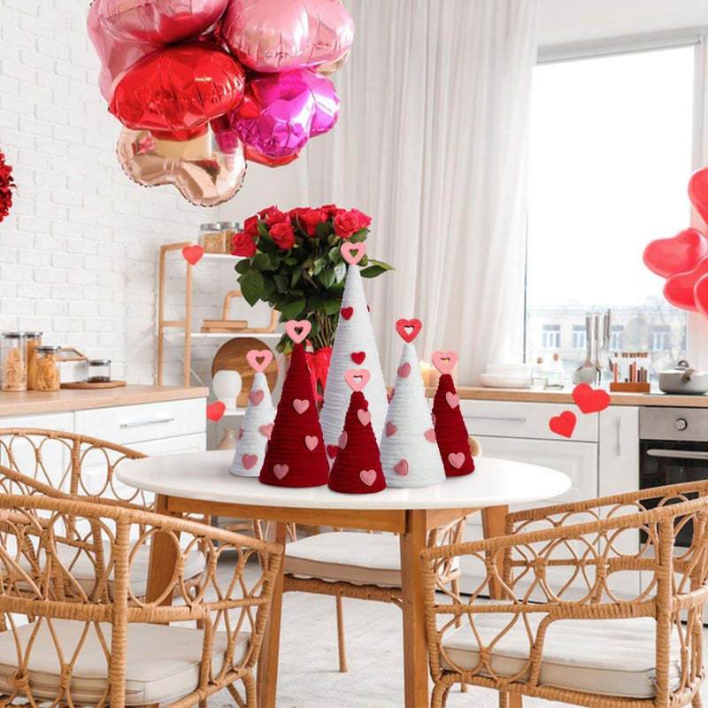 Iceyyyy 6 Pcs Valentine Day Cone Tree Decorations Set-Artificial Yarn Wrapped Mini Trees with Heart Decor-Pink White Valentine's Day Tabletop Tree for Farmhouse Indoor Home Kitchen Decor - Image 5