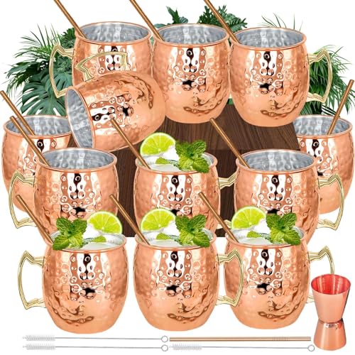 SuproBarware Moscow Mule Mugs Set of 12 Plated Copper Mule Mugs 18oz Bulk Large Hammered Stainless Steel Cups with 1pcs 05oz Double Jigger 12pcs Stainless Steel Straws for Cold Chilled Drinks Cocktails - Image 1
