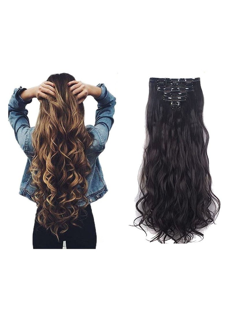 Estelle 7 Pcs 16 Clips 24 Inch Thick Curly Straight Full Head Clip in on Double Weft Hair Extensions Dark Brown Curly - Image 1