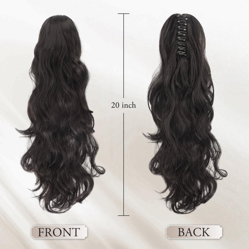 BARSDAR Dark Brown Ponytail Extension - 20 Inch Claw Clip in Ponytail Hair Extensions for Women, Long Wavy Ponytails Synthetic Claw Clip in Pony Tails Hairpieces Daily - Dark Brown - Image 2