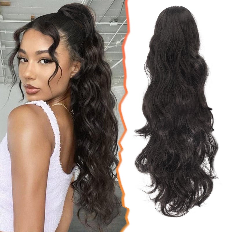 BARSDAR Dark Brown Ponytail Extension - 20 Inch Claw Clip in Ponytail Hair Extensions for Women, Long Wavy Ponytails Synthetic Claw Clip in Pony Tails Hairpieces Daily - Dark Brown - Image 1