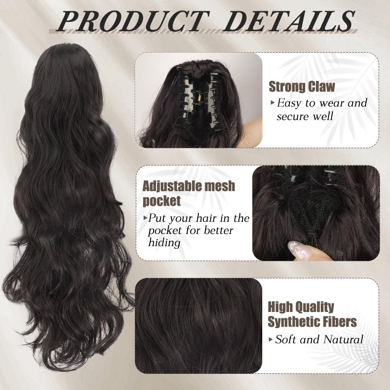 BARSDAR Dark Brown Ponytail Extension - 20 Inch Claw Clip in Ponytail Hair Extensions for Women, Long Wavy Ponytails Synthetic Claw Clip in Pony Tails Hairpieces Daily - Dark Brown - Image 3