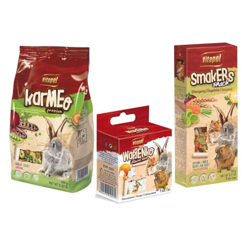 Vitapol Rabbit Care Combo – Food for Rabbit 400g + Vegetable Smakers for Rodents & Rabbits 90g + Natural Orange Mineral Block 40g | Balanced Nutrition & Treat Pack (Pack of 1, Rabbit Combo) - Image 1