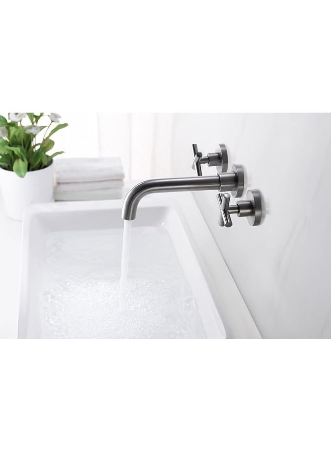 واي دي صنبور حوض حمام يُثبّت على الحائط بمقبضين متقاطعين، مصنوع من النحاس الصلب، ذو فوهة طويلة، خلاط حوض، ماء ساخن وبارد، صنبور حوض غسيل عصري. - Image 1