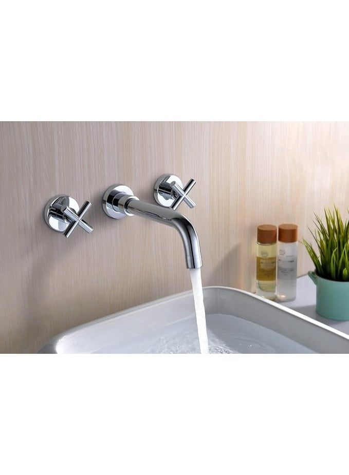 واي دي صنبور حوض حمام يُثبّت على الحائط بمقبضين متقاطعين، مصنوع من النحاس الصلب، ذو فوهة طويلة، خلاط حوض، ماء ساخن وبارد، صنبور حوض غسيل عصري. - Image 2