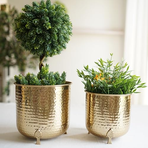 BEHOMA Metal Hammered Planter for Home Decor | Decoratives for Indoor Outdoor Balcony Living Room | Table Decorative Plant Pot for Gifting | Set of 2 | Golden (Plant not Included) - Image 2