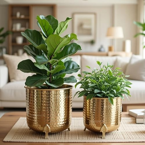 BEHOMA Metal Hammered Planter for Home Decor | Decoratives for Indoor Outdoor Balcony Living Room | Table Decorative Plant Pot for Gifting | Set of 2 | Golden (Plant not Included) - Image 1
