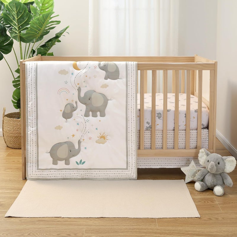 The Peanut Shell The Peanutshell 3 Piece Elephant Whimsy Baby Crib Bedding Set Boy or Girl, Nursery Decor Boy Crib Comforter Set, Classic Neutral Ivory & Cream Tones Quilt and Accessories, Gender Neutral - Image 1