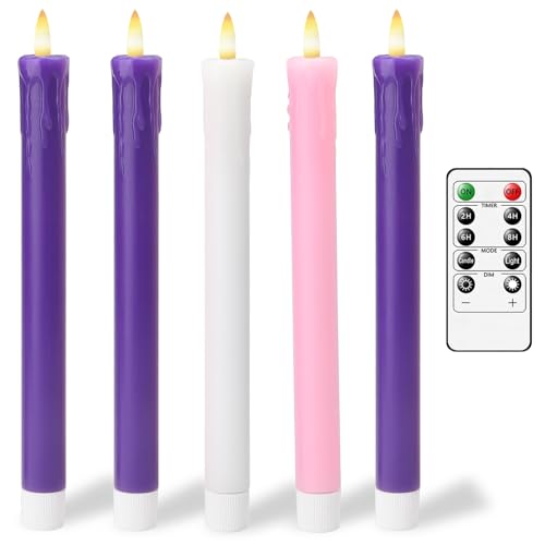 Lezonic Flameless Advent Candles Battery Operated with Remote Set of 5 Wax Christmas Taper Nativity Candles LED Advent Wreath Candles for Church Home Christian Decor 3 Purple 1 Pink 1 White - Image 1