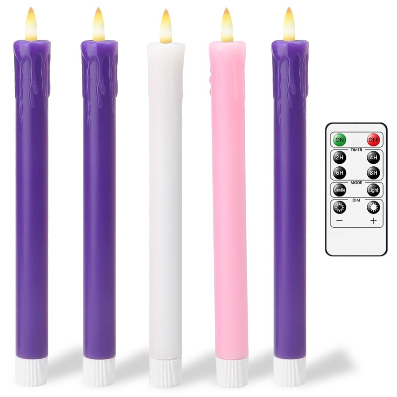 Lezonic Flameless Advent Candles Battery Operated with Remote Set of 5 Wax Christmas Taper Nativity Candles LED Advent Wreath Candles for Church Home Christian Decor 3 Purple 1 Pink 1 White - Image 2