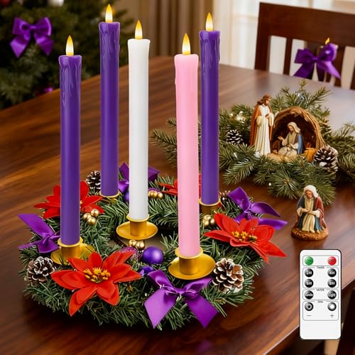 Lezonic Flameless Advent Candles Battery Operated with Remote Set of 5 Wax Christmas Taper Nativity Candles LED Advent Wreath Candles for Church Home Christian Decor 3 Purple 1 Pink 1 White - Image 3