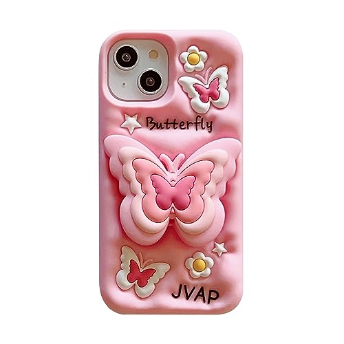QoKcoahn Case for iPhone 133D Kawaii Phone Cases Funny Cute Cartoon Pink Butterfly Flower Cover with Stand Soft Silicone Gel Drop Protection Case Women Girls for iPhone 13 - Image 1