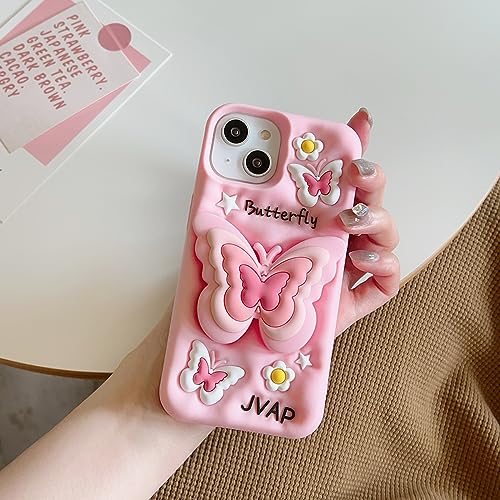 QoKcoahn Case for iPhone 133D Kawaii Phone Cases Funny Cute Cartoon Pink Butterfly Flower Cover with Stand Soft Silicone Gel Drop Protection Case Women Girls for iPhone 13 - Image 3