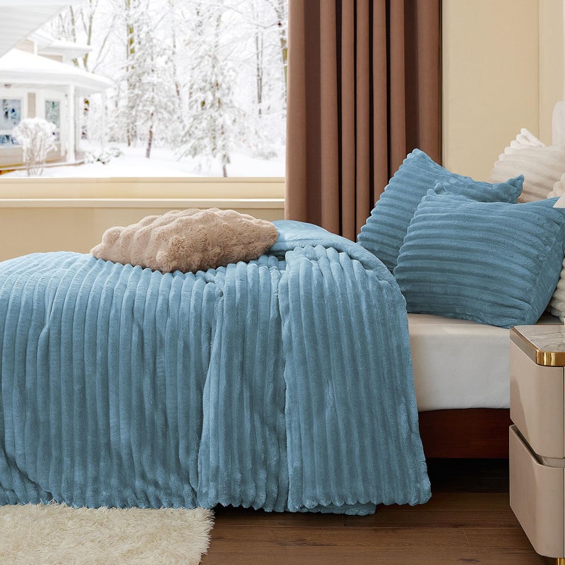 بيديليت مجموعة من الصوف بيدليت توين توين مجموعة -Super Soft و Warm Fluffy Haze Blue Bedding Luxury Fuzzy Bed Sed For Winter مع حالة وسادة واحدة - Image 4