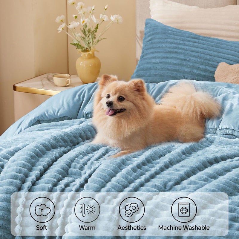 بيديليت مجموعة من الصوف بيدليت توين توين مجموعة -Super Soft و Warm Fluffy Haze Blue Bedding Luxury Fuzzy Bed Sed For Winter مع حالة وسادة واحدة - Image 3