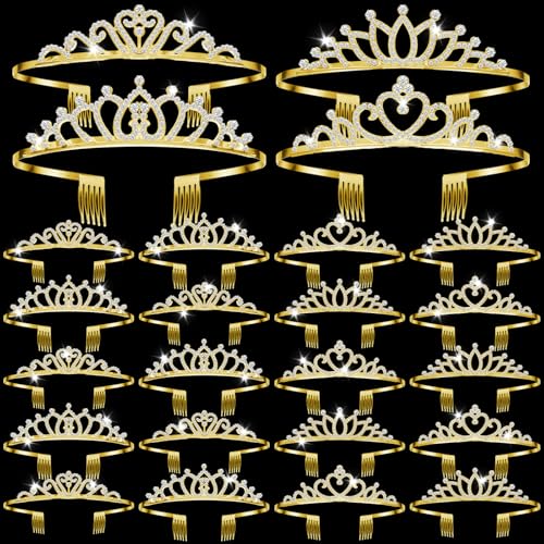 Yuefunny 24 Pcs Crystal Tiara Crowns for Women Bulk Rhinestone Princess Headband Crown with Combs Tiaras for Pageant Bridal Shower Wedding Birthday Prom Party Gifts(Chic,Gold) - Image 1