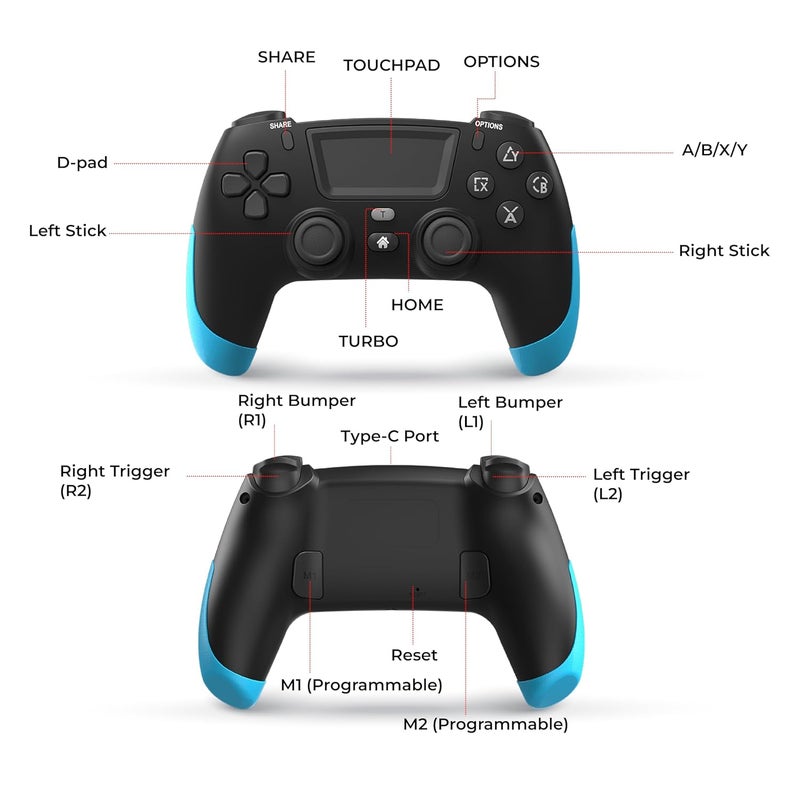 NITHO SMART PS Wireless Controller for PC, PS4, PS3, Android & iOS | Gaming Gamepad with Touchpad, Adjustable Turbo & Dual Vibration, 6-Axis Motion Sensor, M1/M2 Programmable Buttons - Black & Blue - Image 2