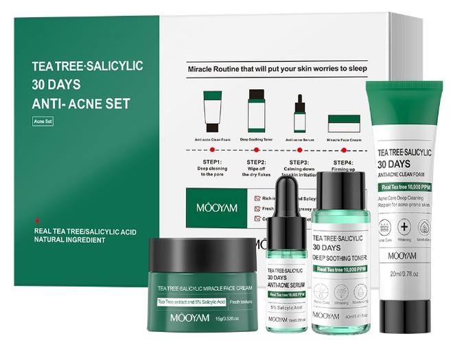 MOOYAM Tea Tree Salicylic 30 Days Anti Acne Kit 4 Pcs Set(Toner 40ml+Serum 10ml+Cream 15g+ Foam 20ml) - Image 1