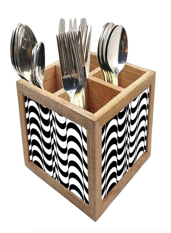 Nutcase Wooden Cutlery Stand Holder Silverware Caddy Spoons Forks Knives Organizer for Dining Table & Kitchen -Made in India-Spoons NOT Included - Black Waves - Image 1