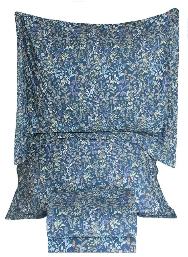 QSH 100% Cotton Sheets for King Size Bed - Blue Floral Plant Pattern Botanical Luxury Cotton Printed Floral Bedding King Size Sheet with Deep Pockets 17" Soft and Breathable 4pcs - Image 1