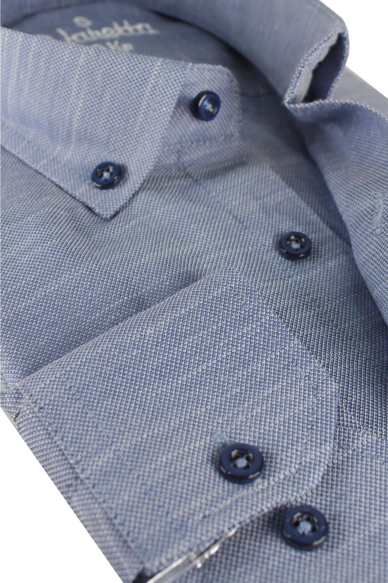 فاريتا Men's Blue Purple Plain Long Sleeve Cotton Linen Effect Pocket Collar Button Shirt