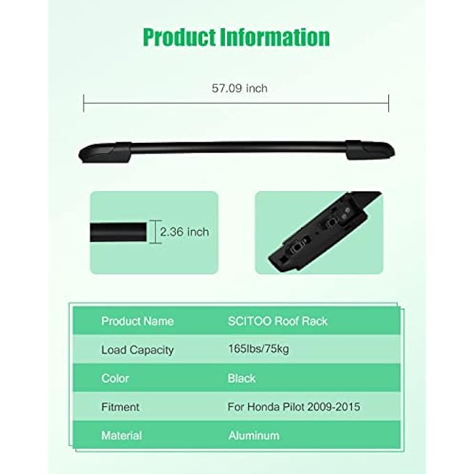 rayihni Roof Rack Cross Bars Side Rails Baggage Carrier for Honda Pilot 2009-2015 Black 2 Pcs Roof Top Rack Luggage Carrier - Image 3