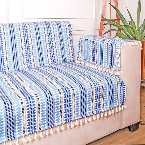 STITCHNEST Woven 1 Seater Sofa Protector with 2 Hand Rest Covers – Blue & White Stripe Design – Washable Fabric with Tassels – Stylish Sofa Cover for Modern Living Room & Furniture Décor - Image 1