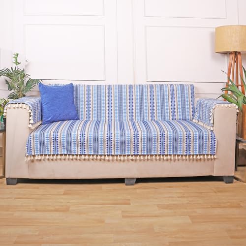 STITCHNEST Woven 1 Seater Sofa Protector with 2 Hand Rest Covers – Blue & White Stripe Design – Washable Fabric with Tassels – Stylish Sofa Cover for Modern Living Room & Furniture Décor - Image 4