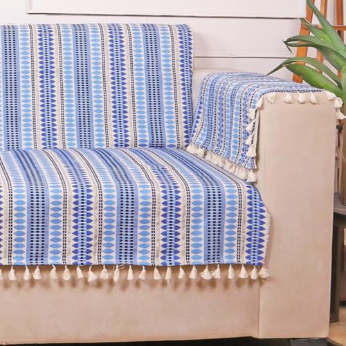 STITCHNEST Woven 1 Seater Sofa Protector with 2 Hand Rest Covers – Blue & White Stripe Design – Washable Fabric with Tassels – Stylish Sofa Cover for Modern Living Room & Furniture Décor - Image 5