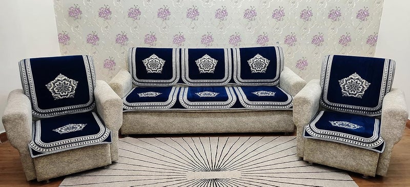 Zesture Bring Home Zesture Luxurious Velvet Touch Damask 5 Seater Sofa slipcover and Chair Set 311 BlueCream - Image 1