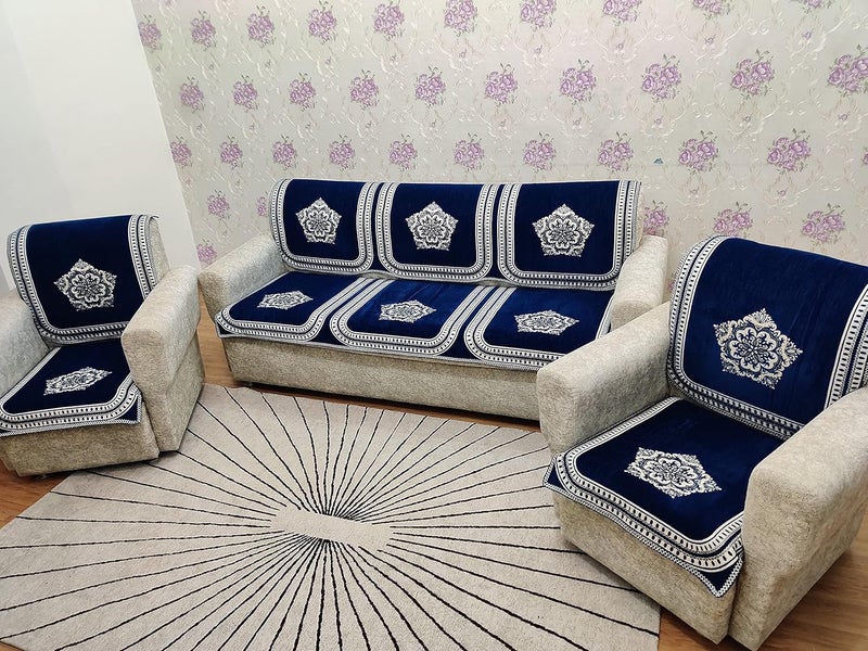 Zesture Bring Home Zesture Luxurious Velvet Touch Damask 5 Seater Sofa slipcover and Chair Set 311 BlueCream - Image 4