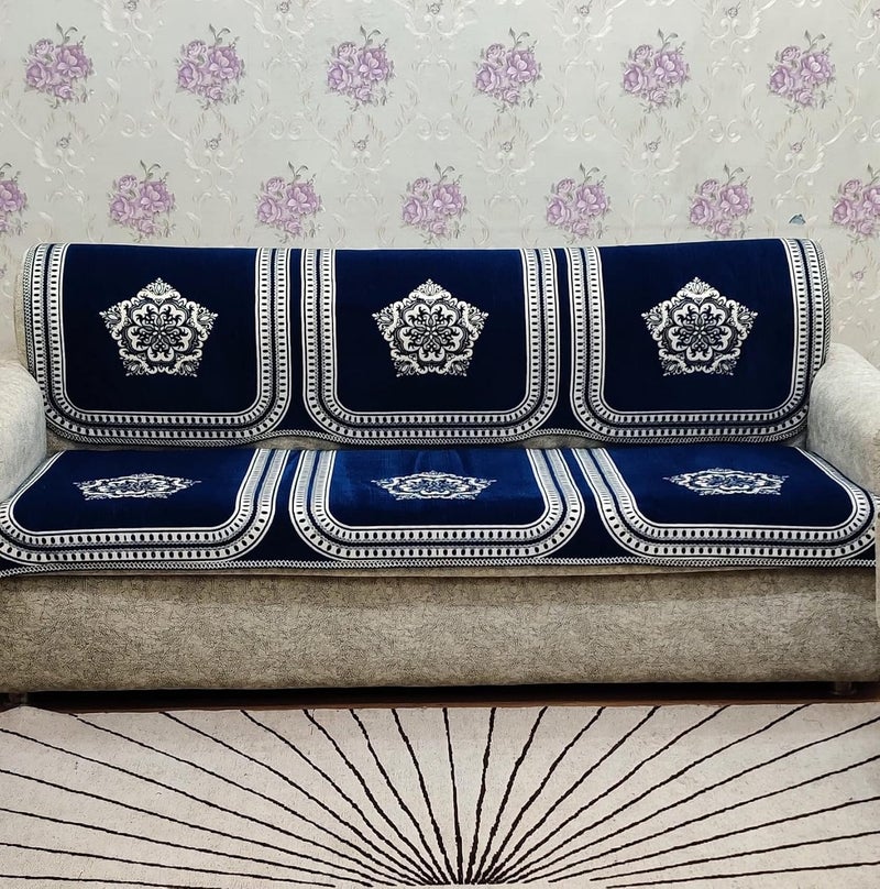 Zesture Bring Home Zesture Luxurious Velvet Touch Damask 5 Seater Sofa slipcover and Chair Set 311 BlueCream - Image 2