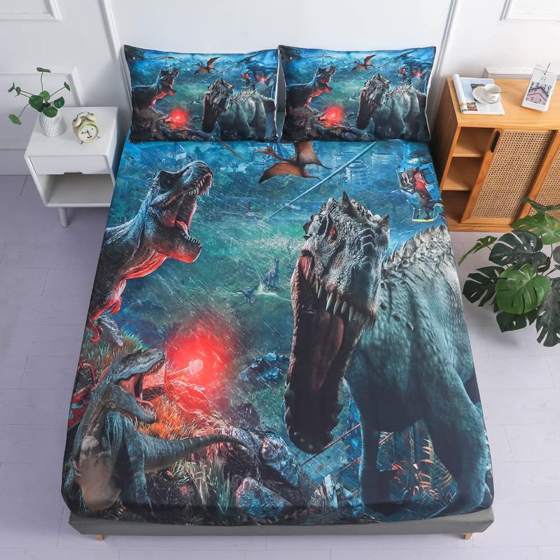 Roscloud Roscloud Kids Dinosaur Sheet Set  Queen Size Boys Dinosaur Bed Set  3 PC 3D TRex Triceratops Tanystropheus War Bed Fitted Sheet Fitted Sheet x 1 Pillowcase x 2