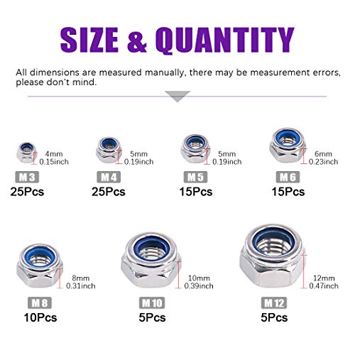 Swpeet 100Pcs 304 Stainless Steel Metric Lock Nut Assortment Kit Perfect for Lock Washers Nylon Insert Locknut M3 M4 M5 M6 M8 M10 M12 - Image 3