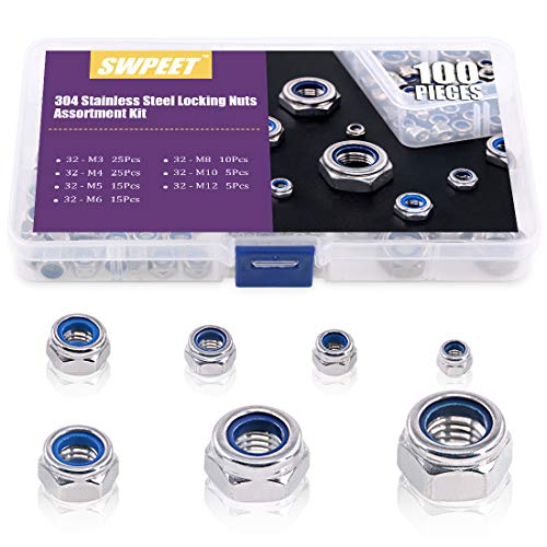 Swpeet 100Pcs 304 Stainless Steel Metric Lock Nut Assortment Kit Perfect for Lock Washers Nylon Insert Locknut M3 M4 M5 M6 M8 M10 M12 - Image 1
