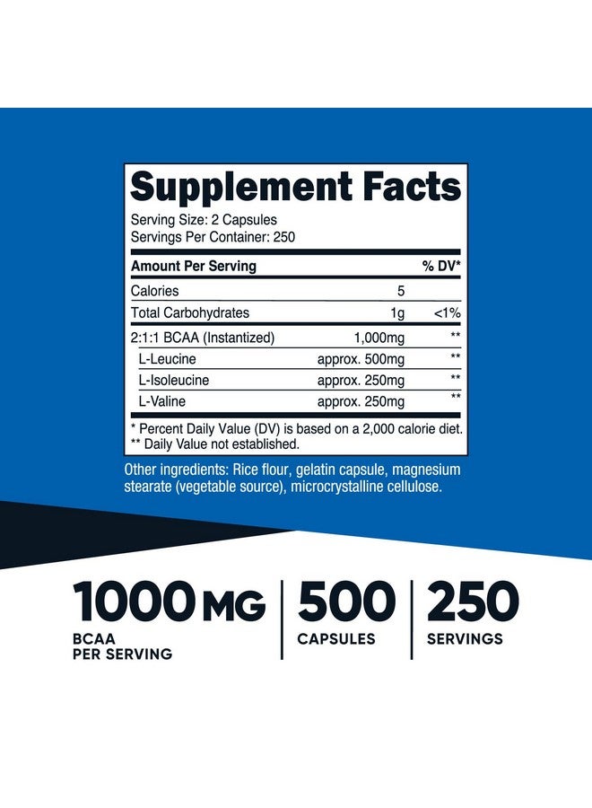 Nutricost BCAA 1000mg, 500 Capsules (250 Serv), 2:1:1 Branched Chain Amino Acids (500mg of L-Leucine, 250mg of L-Isoleucine and L-Valine) - Image 2