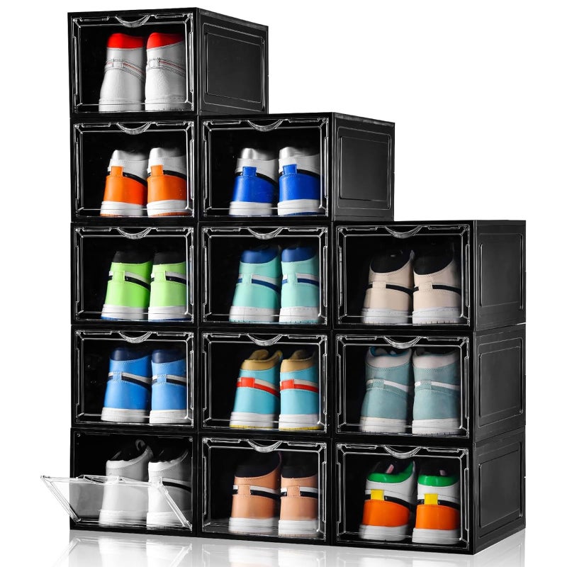 Clemate Upgraded X-Large Shoe Storage Box,12 Pack,Shoe Box Clear Plastic Stackable,Drop Front Shoe Box with Clear Door,Shoe Organizer Containers For Sneaker Display,Fit up to US Size13, Black - Image 1