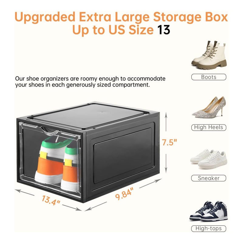 Clemate Upgraded X-Large Shoe Storage Box,12 Pack,Shoe Box Clear Plastic Stackable,Drop Front Shoe Box with Clear Door,Shoe Organizer Containers For Sneaker Display,Fit up to US Size13, Black - Image 4