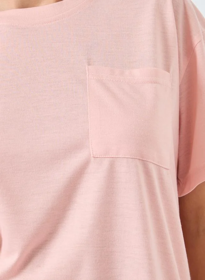 Styli Styli Solid Patch Pocket T-Shirt and Floral Pyjama Set