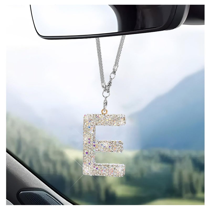 DXNQ Bling Initial Car Rear View Mirror Ornament Crystal Sparkling Cute Letter Charm Pendant Auto Decor Hanging Lucky Diamond Initial Charm Car Mirror Bag Ornament for Girl Women Letter E - Image 3