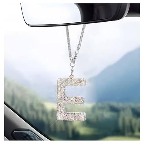 DXNQ Bling Initial Car Rear View Mirror Ornament Crystal Sparkling Cute Letter Charm Pendant Auto Decor Hanging Lucky Diamond Initial Charm Car Mirror Bag Ornament for Girl Women Letter E - Image 1