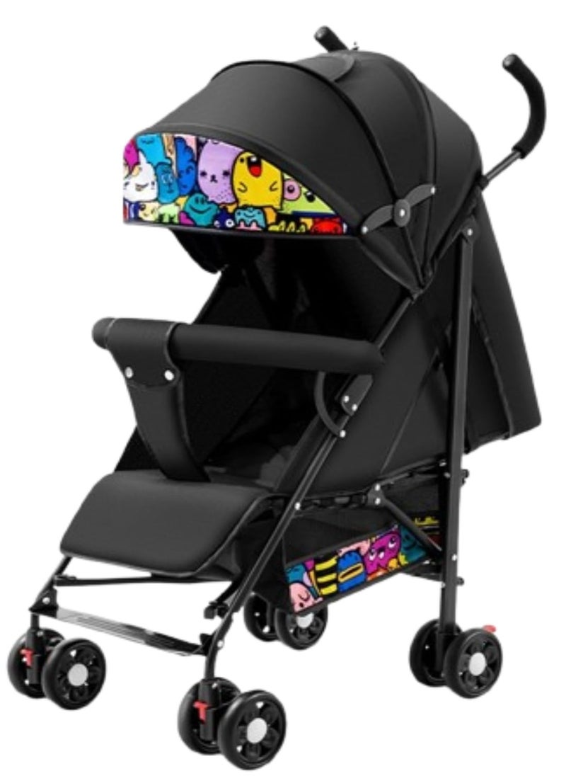 PENG GENERAL Baby Stroller, Folding Compact Travel Stroller, Small Children's Stroller with Adjustable Backrest, Footrest, Storage Basket and Extra-Large Canopy Cup Holder Black Big  - Image 1
