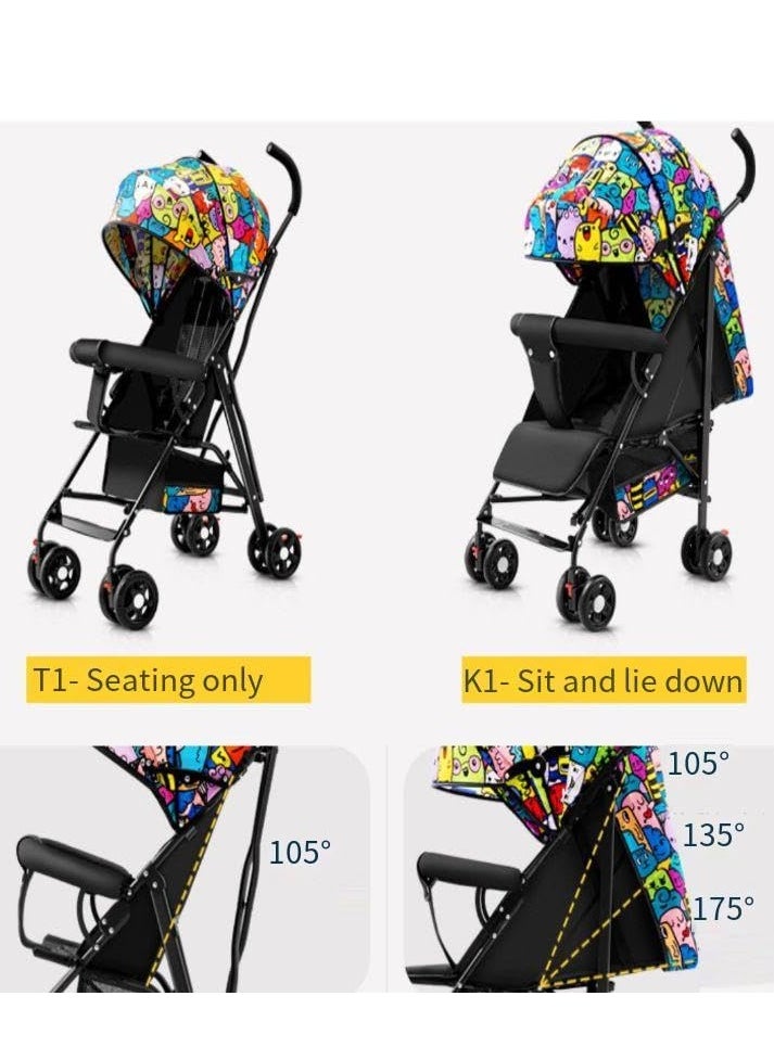 PENG GENERAL Baby Stroller, Folding Compact Travel Stroller, Small Children's Stroller with Adjustable Backrest, Footrest, Storage Basket and Extra-Large Canopy Cup Holder Black Big  - Image 2