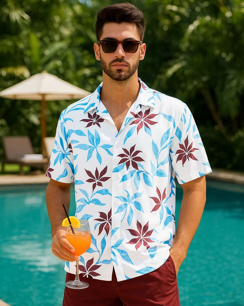 بيواكوف قميص رجالي أبيض وأزرق مطبوع بالكامل مقاس كبير