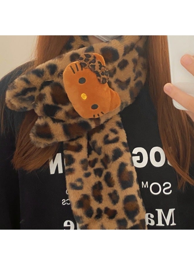 HelloKitty Plush Gloves Hello Kitty Leopard Full Finger Gloves Hanging Neck Women's Winter Cute Scarf Warm Scarf-Color:Dark Leopard Print Scarf-one Size Fits All - Image 1