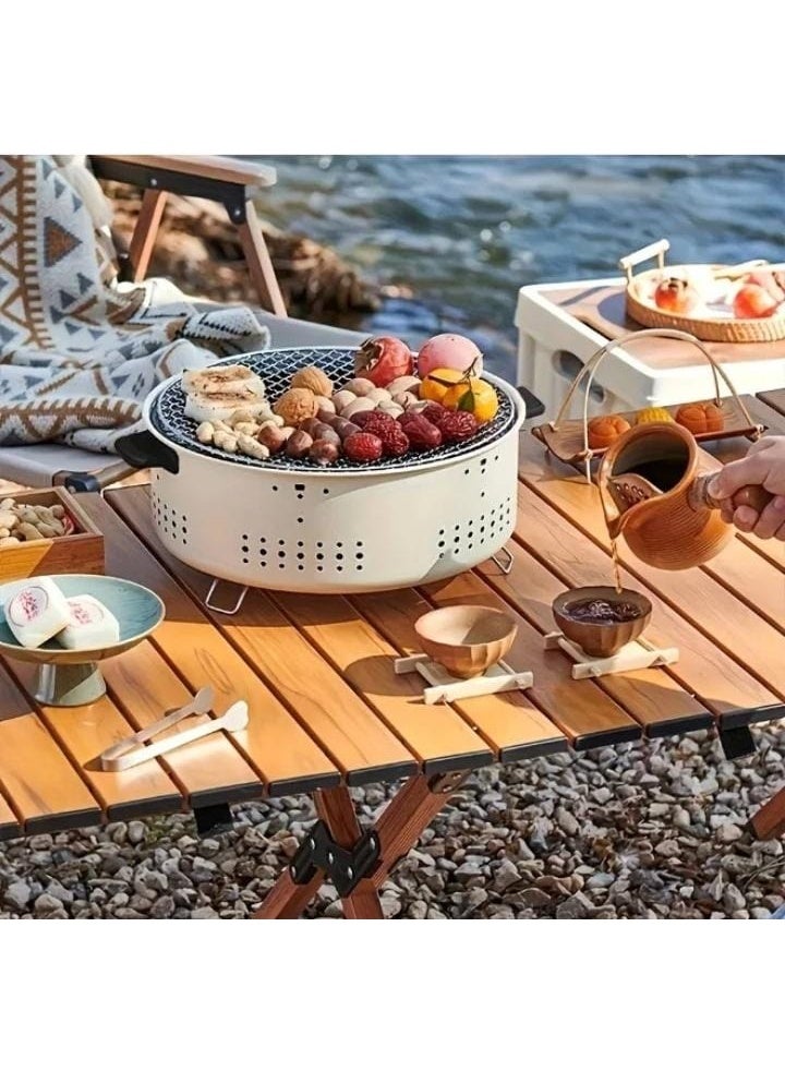 Portable round charcoal grill—a tabletop grill for home, camping, and trips. This compact grill features a metal grate and a ceramic bowl, making it suitable for grilling meat, chicken, seafood, and vegetables. - Image 2