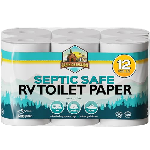 Cabin Obsession RV Toilet Paper - 12 Pack Septic Safe Toilet Paper 2-Ply Quick Dissolving Camper Toilet Paper Septic Safe to Prevent Clogs - Perfect for Automotive RVs, Septic Tank Systems, Boats, and Camping - Image 1