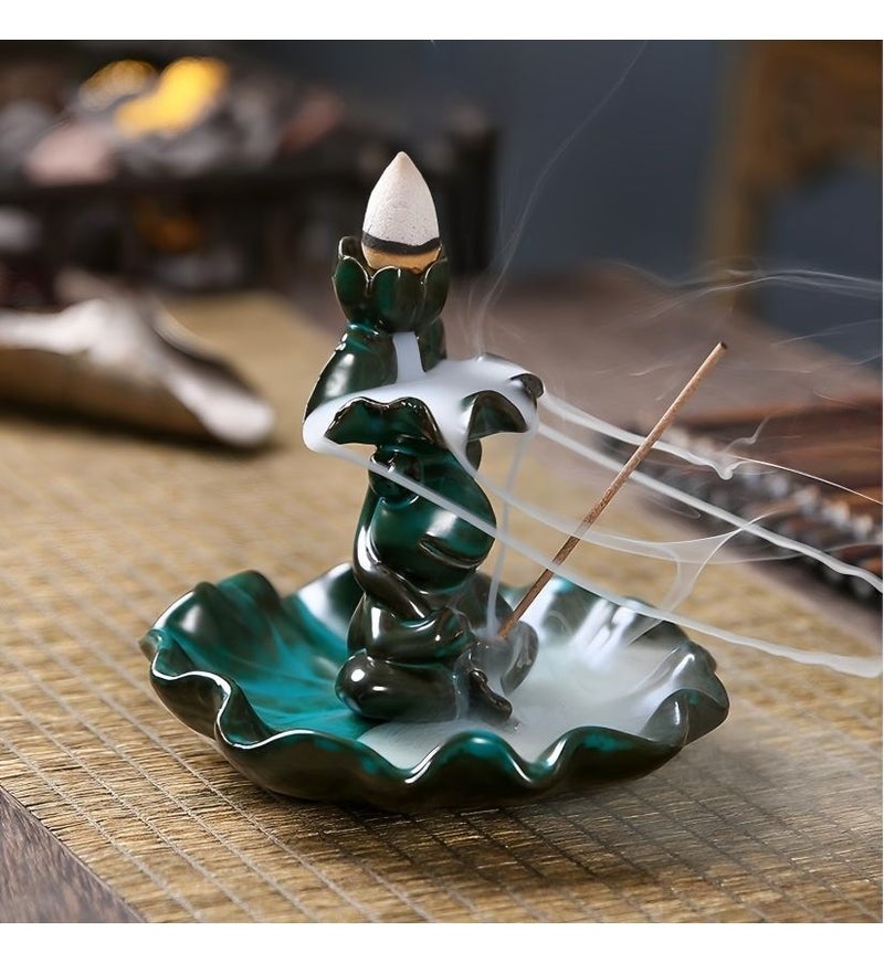 Ceramic Backflow Incense Holder Lotus Leaf Frog Design 2in1 Compatible for Incense Sticks and Cones Bakhoor Burner Palo Santo Holder Yoga Meditation Home Decor - Image 2