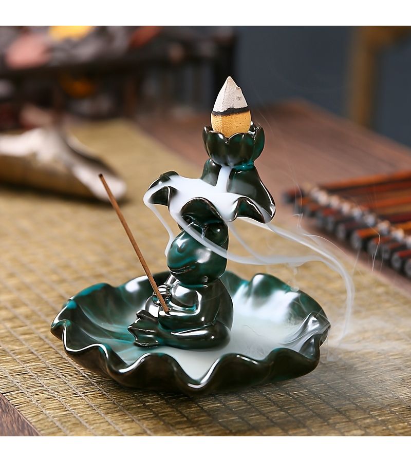 Ceramic Backflow Incense Holder Lotus Leaf Frog Design 2in1 Compatible for Incense Sticks and Cones Bakhoor Burner Palo Santo Holder Yoga Meditation Home Decor - Image 1