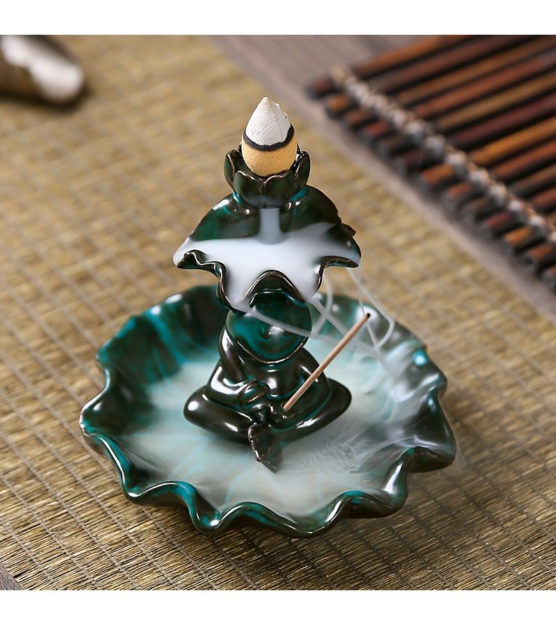 Ceramic Backflow Incense Holder Lotus Leaf Frog Design 2in1 Compatible for Incense Sticks and Cones Bakhoor Burner Palo Santo Holder Yoga Meditation Home Decor - Image 3